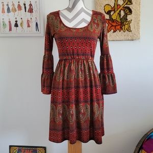 Aggie | Vintage Red Boho Print Bell Sleeve Dress